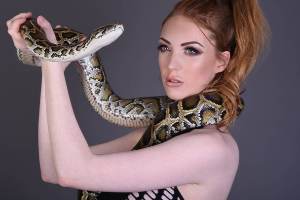 Beautiful, tall, redhead model in a black dress, with her pet python, against a dark grey background - Photo, Image