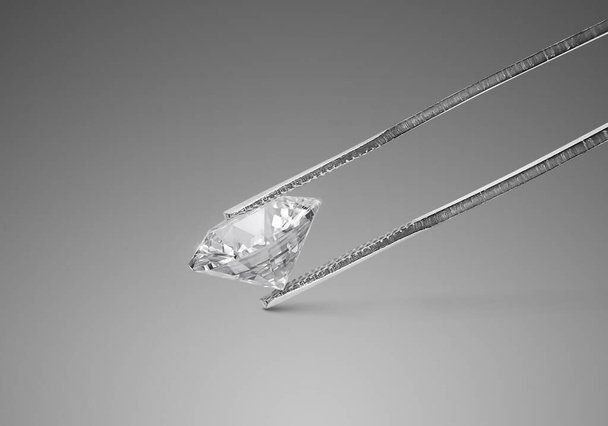Shiny brilliant diamond placed on gray background in diamond tweezers. 3d render - Фото, изображение