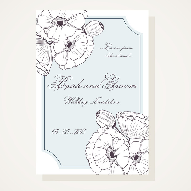 Wedding shover with outline poppies - Vector, Image