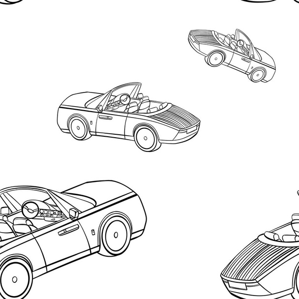 Seamless minimalistic pattern with drawn cars. Linear print for children's textiles, wallpaper, postcards, clothes, posters, screensavers. Children's seamless pattern. - Foto, Imagen