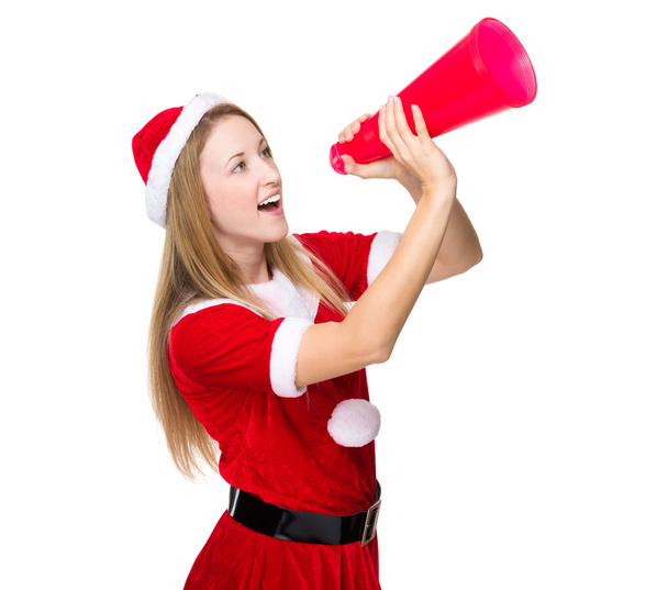 Christmas woman shouting with megaphone - Foto, Imagem