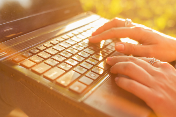 Woman typing on a laptop keyboard in a warm sunny day outdoors. - Photo, Image