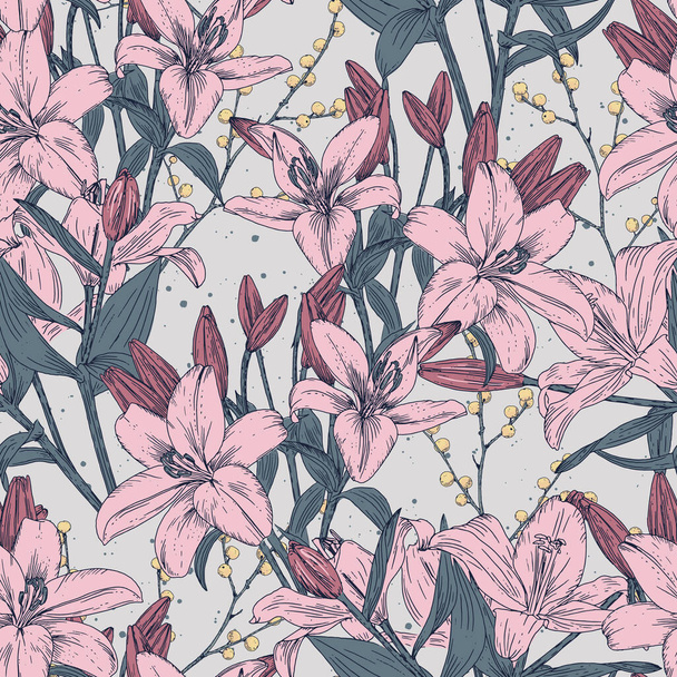 Seamless pattern. Lily flower drawings. Pink and blue with on grey background. Hand Drawn Botanical Pattern. - Vektor, Bild