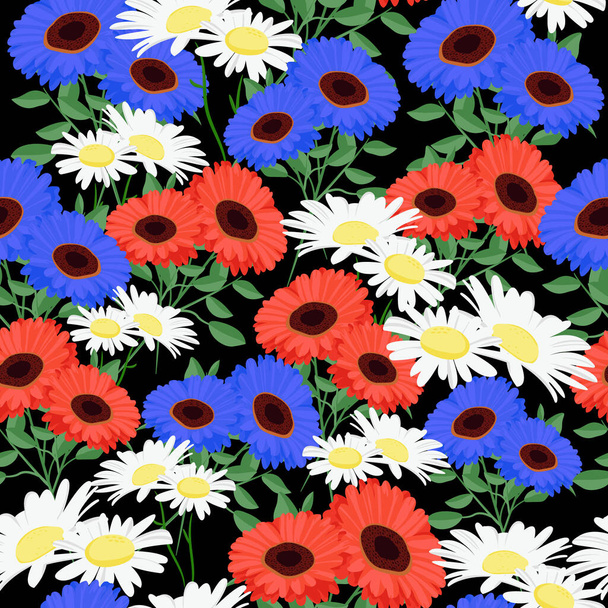 Daisy and gerbera flowers seamless pattern. Floral template for packaging design, textile, print, bedding and wallpaper. - Wektor, obraz