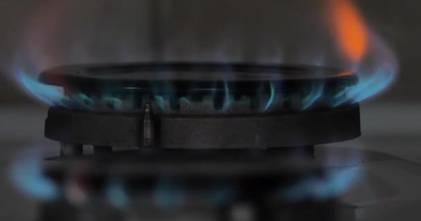 Płomień gazu na płycie kuchennej, zbliżenie - Materiał filmowy, wideo
