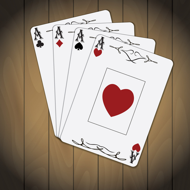 Ace of spades, ace of hearts, ace of diamonds, ace of clubs poker cards varnished wood background - Vector, Image