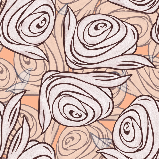 Decorative flower rose painted in watercolor. Seamless pattern on orange background. Illustration for decoration. - Fotoğraf, Görsel
