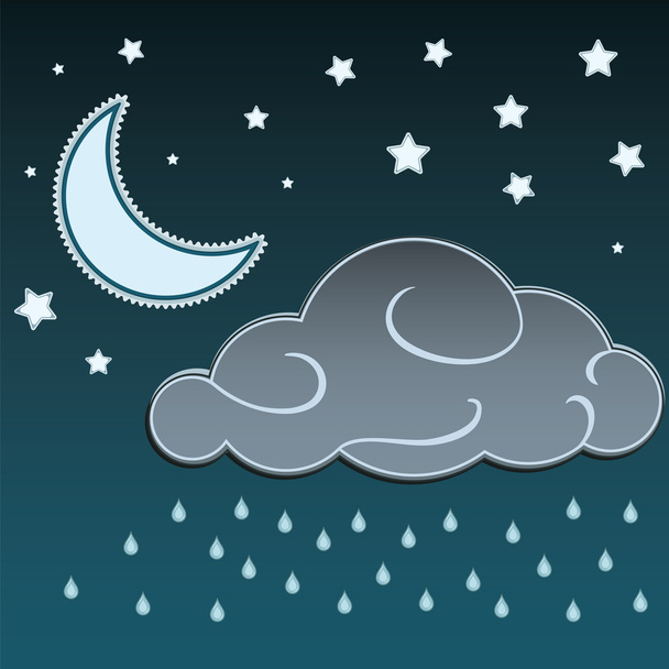 Cartoon moon and stars in the night and clouds with rain drops background - Vettoriali, immagini