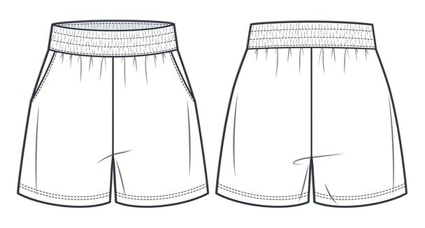 Unisex sweat Shorts technical fashion illustration. Short Pants fashion flat template, front and back, white colour. Sportswear unisex CAD mock-up. - Vector, afbeelding