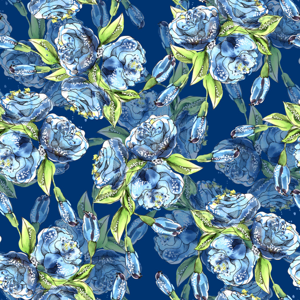 Garden flowers blue rose painted in watercolor. Seamless pattern on dark blue background. Illustration for decoration. - Foto, afbeelding