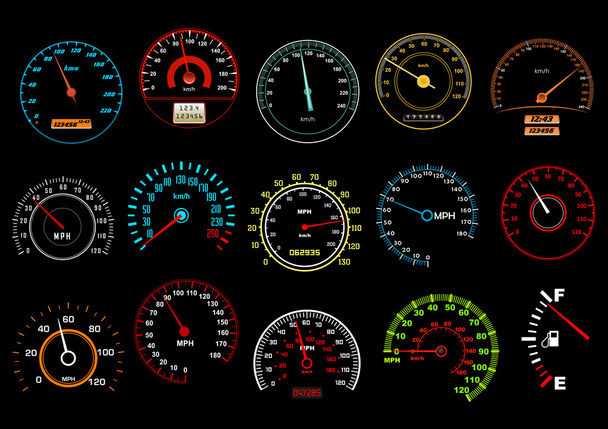 Car speedometers on black background - Vector, Image