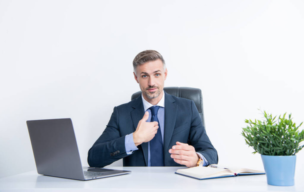 mature businessman sitting and presenting himself in business office. - 写真・画像