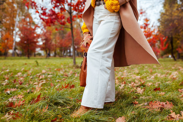 Крупный план стильных белых брюк. Женщина, гуляющая в осеннем парке в теплой модной одежде. Осенний наряд в белых бежевых оранжевых цветах. - Фото, изображение