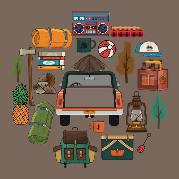 Camping adventure clipart set in round style. Summer hiking and outdoors collection with camp car, backpack, axe, beer and other elements. Stock vector objects isolated on dark. - Vektor, Bild