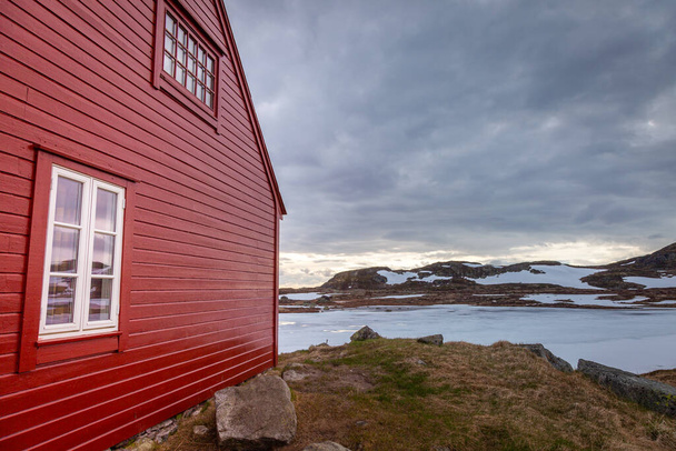 Red Rorbu shelter in Hardanger conservation area, Norway, Scandinavia - Photo, image