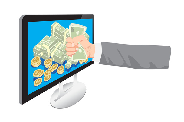 Businessman get money from online business holding dollar in hand vector - Vector, Image