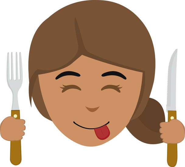 Vector illustration of the face of a brunette woman cartoon with a knife and fork in her hands - Vecteur, image