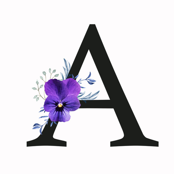 Capital letter A decorated with pansy flower and blue green leaves. Letter of the English alphabet with floral decoration. Floral letter. - Φωτογραφία, εικόνα