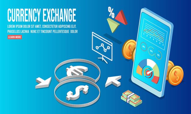 3D-ізометричний Digital Currency Exchange концепт з бізнес-технологіями мобільних телефонів для бізнес-людей і онлайнових економічних додатків для Quick Currency Exchange. Приклад вектора eps10 - Вектор, зображення