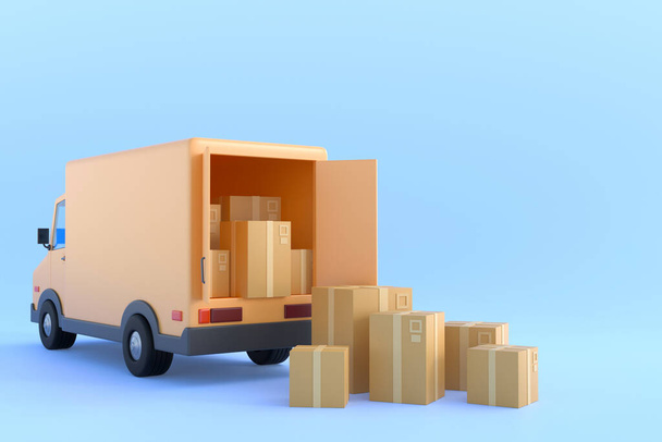 E-commerce concept, Παράδοση σε mobile εφαρμογή, Μεταφορά παράδοση με φορτηγό, 3D illustration - Φωτογραφία, εικόνα
