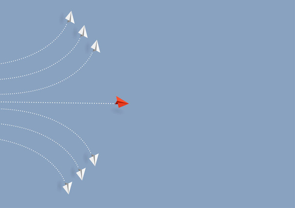 Бізнес-концепція. Червоний паперовий літак змінює напрямок на блакитному небі ділової команди і одне інше бачення. Лідер, Нова ідея, бос, менеджер, концепція переможця, тенденція. Векторні ілюстрації
 - Вектор, зображення