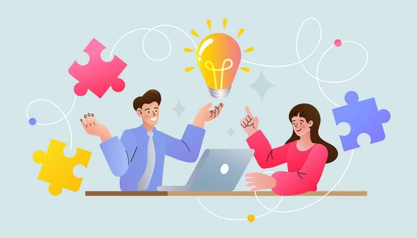 Communication and contemporary marketing. Man and woman connecting and working online together on laptop computer, remote working work from home concept, flat vector illustration. - Vector, Image