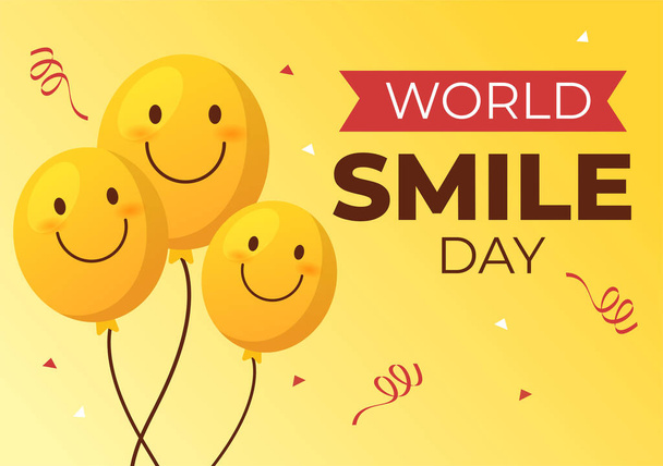 Παγκόσμια Ημέρα Χαμόγελου Χέρι Ζωγραφισμένα Κινούμενα Σχέδια Εικονογράφηση με Χαμογελώντας Έκφραση και Ευτυχία Πρόσωπο σε Επίπεδο Στυλ Ιστορικό - Διάνυσμα, εικόνα