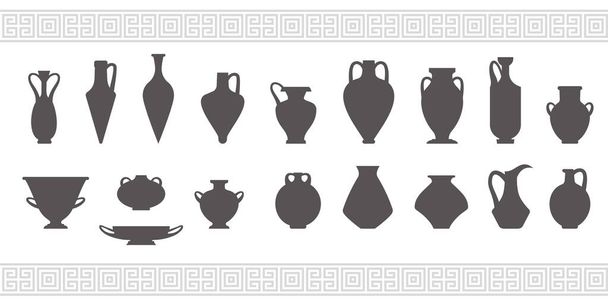 Greek vases silhouettes. Ancient amphoras and pots glyph illustration. Clay ceramic earthenware. Vector - Διάνυσμα, εικόνα