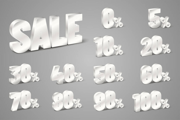 Silver three-dimensional word SALE and set of percent discounts - vector illustration - Vektör, Görsel