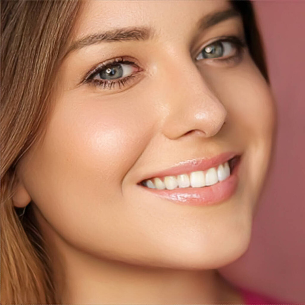 Beauty, makeup and skincare cosmetics model face portrait on pink background, smiling woman with natural makeup, perfect healthy teeth, dental care closeup - 写真・画像