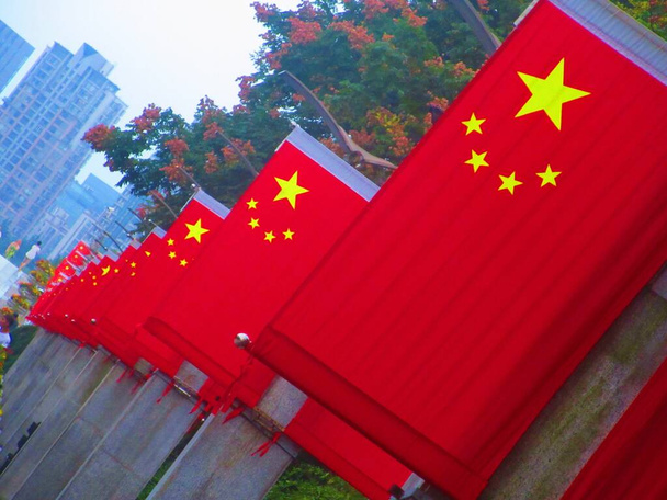 Beautiful shot of Chinese flags lining a pathway in Pudong, Shanghai. - Photo, Image