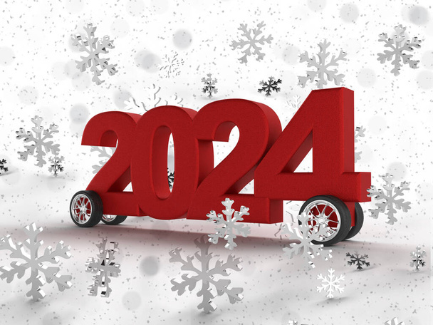Κόκκινη επιγραφή 2024 σε τροχούς για να γιορτάσει το νέο έτος. Αστεία αυτοκίνητο με αστέρια στο παρασκήνιο για banner ή διαφήμιση. 3d απόδοση. - Φωτογραφία, εικόνα