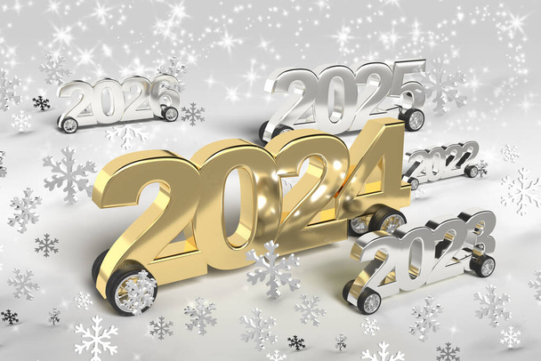 Silver and gold number 2024 on wheels during winner race with 2023 and 2025. Funny isolated car for banner or advertisement to celebrate the new year. 3d rendering. - Fotó, kép
