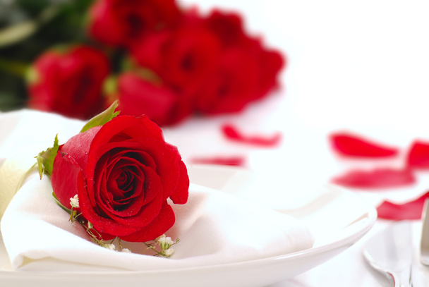 Red rose on a dinner plate with rose petals - Photo, Image