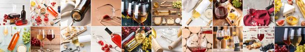 Collage of delicious wine with snacks, aerator, decanter and corkscrew - Foto, afbeelding