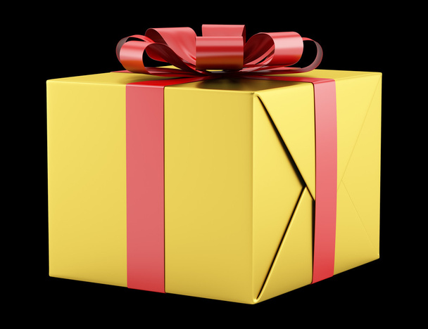 boîte cadeau jaune avec ruban rouge isolé sur fond noir
 - Photo, image