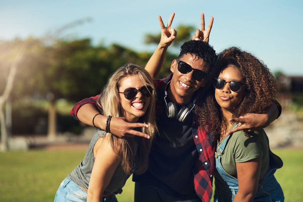 You guys are the best. Portrait of a group of cheerful young friends posing for a photo together while wearing sunglasses outside in a park - Foto, Bild