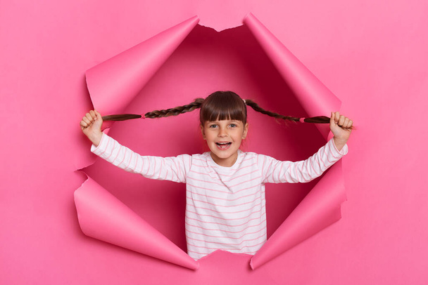 Image of happy satisfied funny little girl wearing striped shirt posing in pink paper torn, raised arms with pigtails in hands, looking at camera with positive expression. - Fotografie, Obrázek