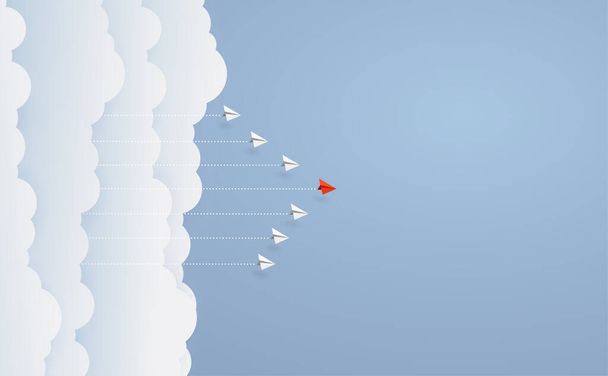 Бизнес-концепция. Самолет-лидер красной бумаги, летящий на голубом небе бизнес-команды и одно видение. Лидер, новая идея, босс, менеджер, концепция победителя, тренд. Векторная иллюстрация - Вектор,изображение