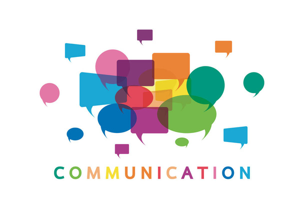 Vektorová ilustrace konceptu komunikace. Slovo komunikace s barevnými dialogovými bublinami řeči - Vektor, obrázek