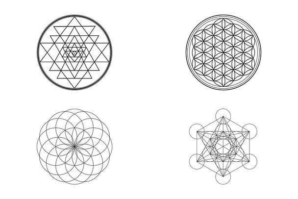 Sacred Geometry Background, Sri Yantra, Flower Of Life, Torus, Metatron Symbol Isolated on White Background Illustration, 4 Sacred Geometry Ancient Spiritual Symbols - 写真・画像
