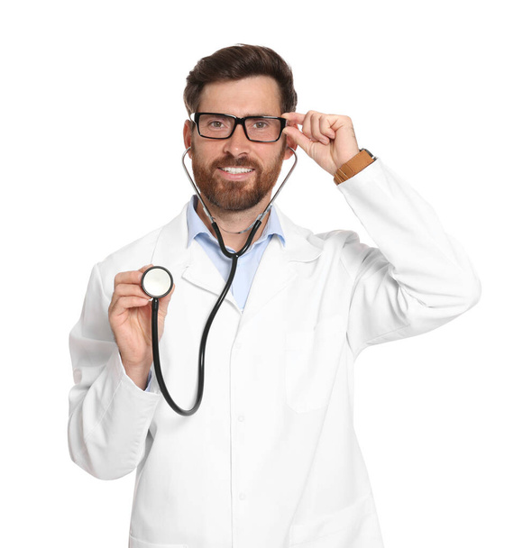 Portrait of doctor with stethoscope on white background - Fotó, kép