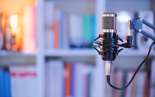 Radio microphone isolated on domestic background, concept of podcast, online radio, streaming, entertainment, audio, and new ways to do communication. - Fotoğraf, Görsel