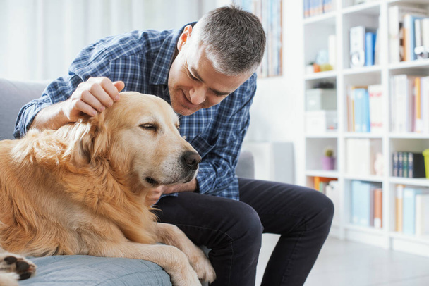 Pet owner spending time with his dog at home in the living room - Foto, Imagen