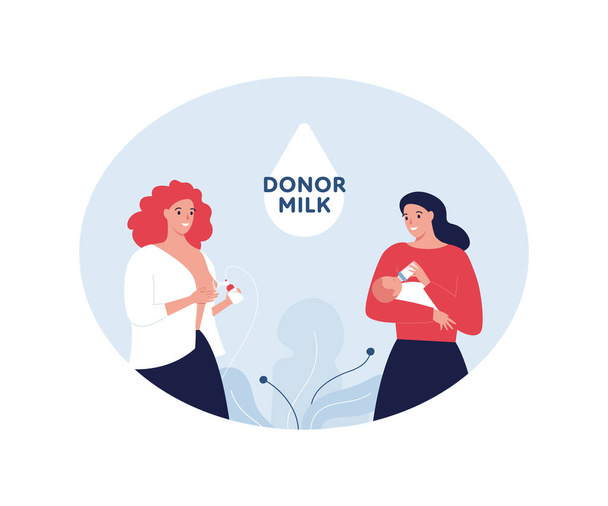 Voluenteering and beast milk donation concept. Vector flat people healthcare illustration. Female donor collect milk with pump and mom feed infant by bottle. Drop with text. - Vektor, kép