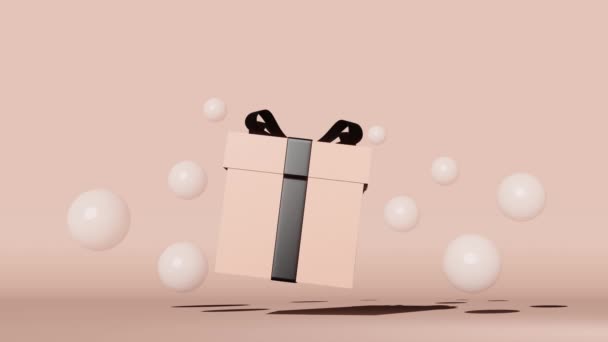 Pink gift box black ribbon bow floating bubbles 3D animation rose gold background. Holiday sale Valentine's day shopping Black friday Christmas preparation minimal style.Levitating purchase package 4K - Felvétel, videó
