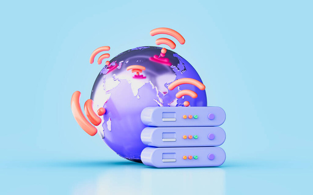 globe sign with storage WIFI signal 3d render concept for global hosting networking system  - Zdjęcie, obraz