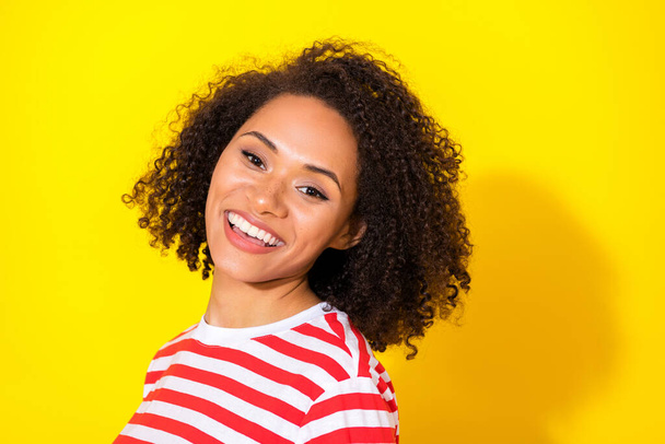 Closeup photo of young attractive lady showing toothy smile after whitening isolated on yellow color background. - Fotografie, Obrázek
