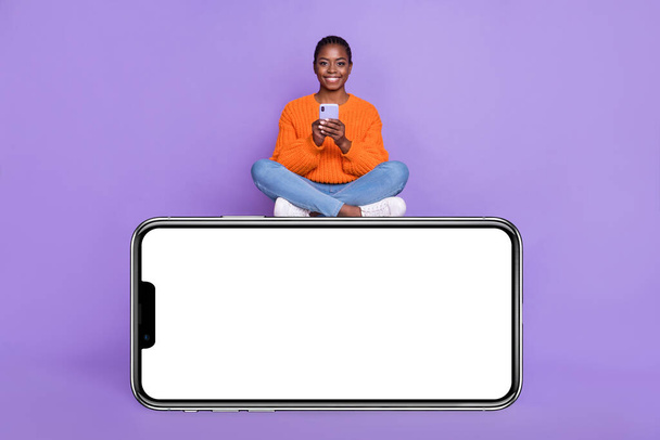 Full size photo of young pretty girl use mobile repost fast connection 4g isolated over violet color background. - Фото, изображение