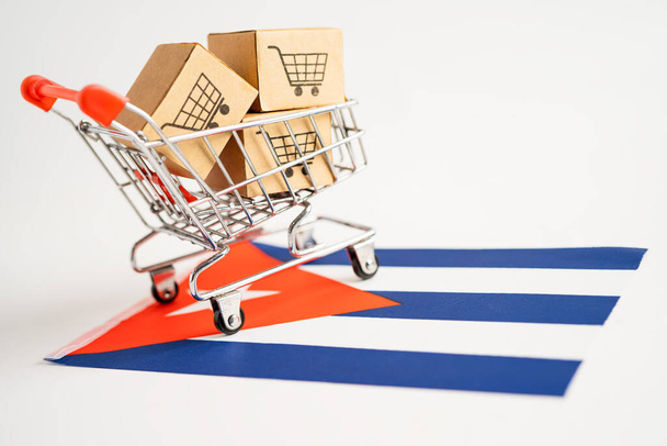 Box with shopping cart logo and Russia flag, Import Export Shopping online or eCommerce Financial deliver product produce, trade, producer concept. - Фото, зображення